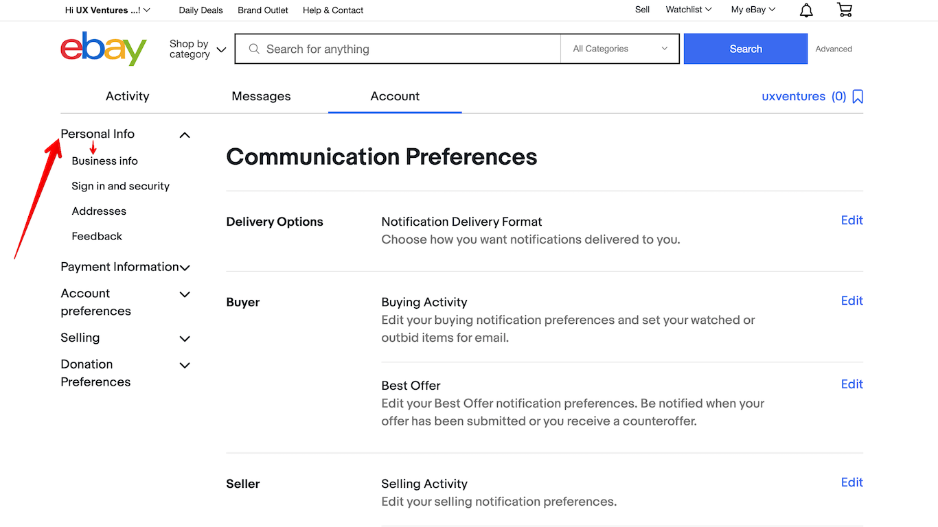 Personal Info Menu and Business Info Submenu