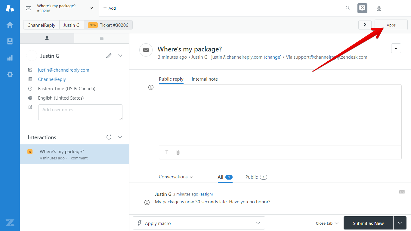 Apps Button on a Zendesk Ticket (Apps Text)