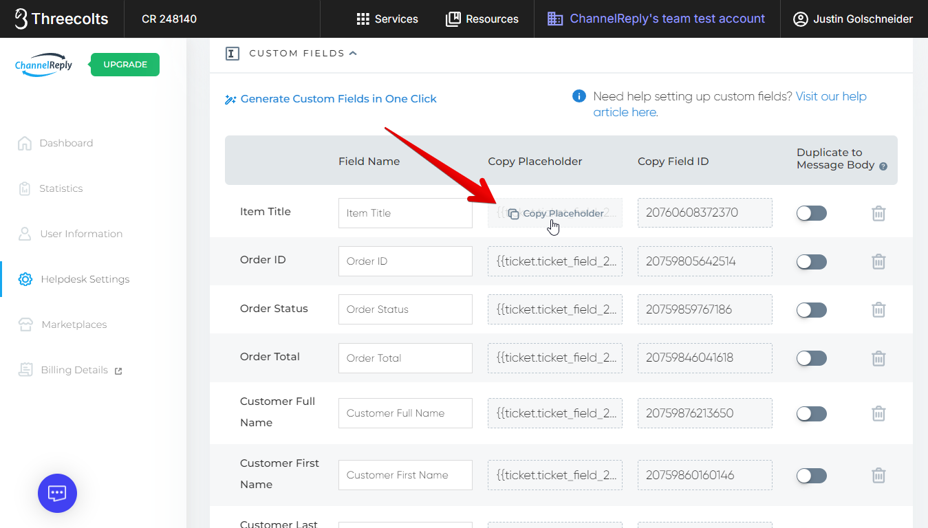 Copy Placeholder button for the Item Title field