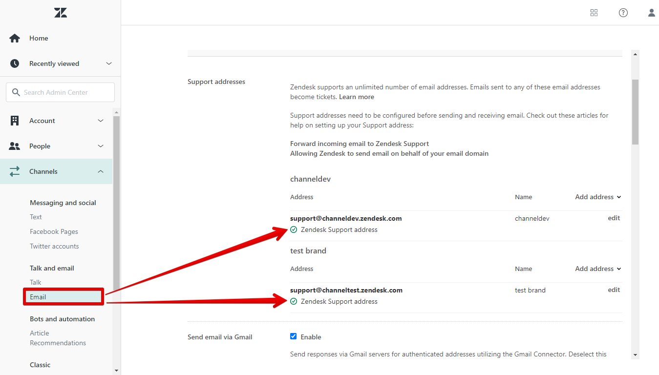 Support emails listed in Zendesk