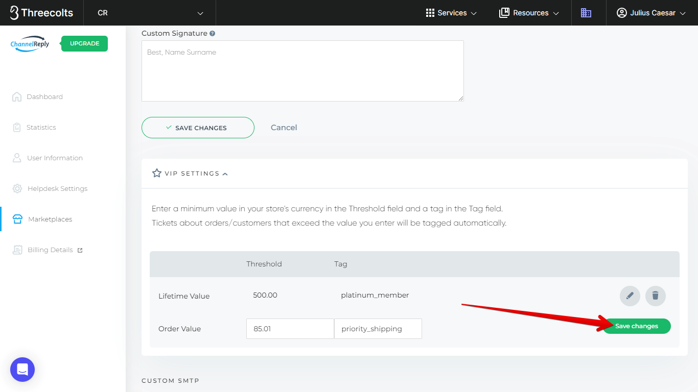 Save Changes button for the Lifetime Value VIP tag