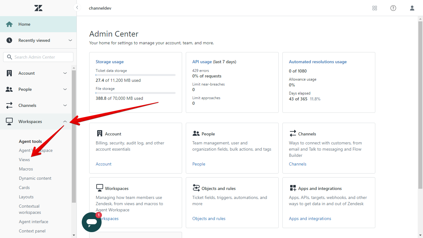 Workspaces Menu and Views in Admin Center
