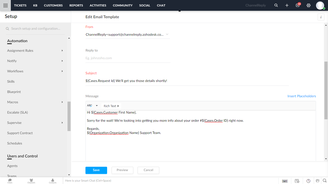 Acknowledging a Ticket Reply configured to work as a ChannelReply autoresponder for Zoho Desk