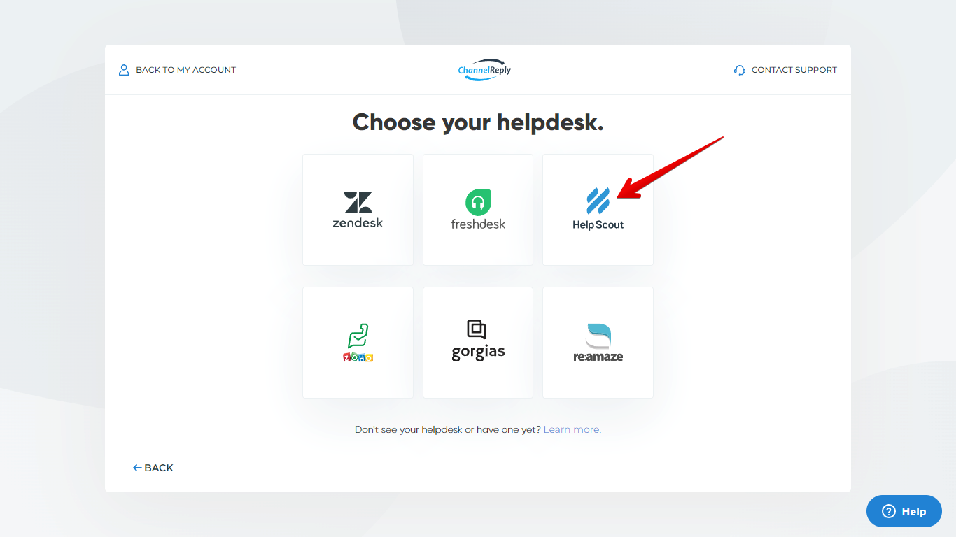 Choosing Help Scout in ChannelReply Onboarding