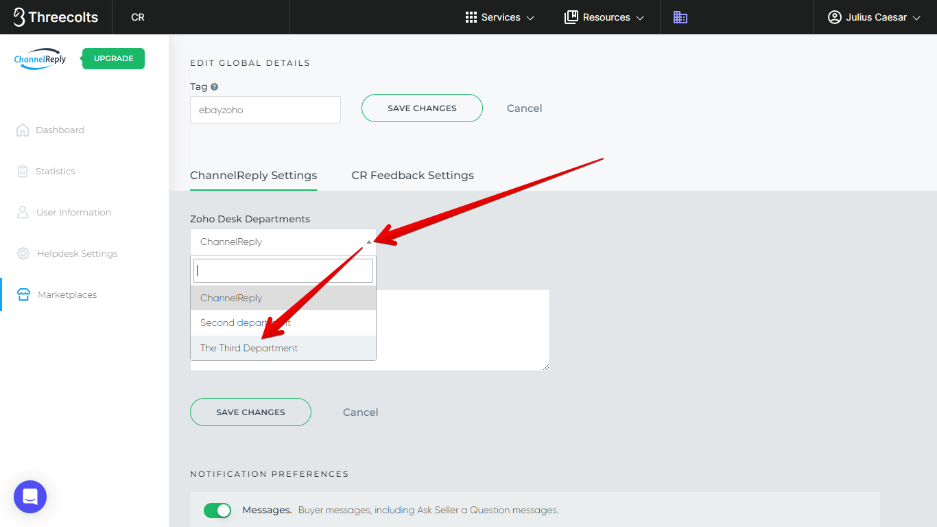 Choosing a Zoho Desk Department for an eBay Account