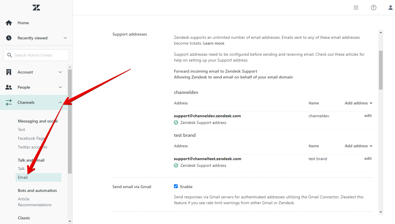 Email under Channels in Zendesk Admin Center
