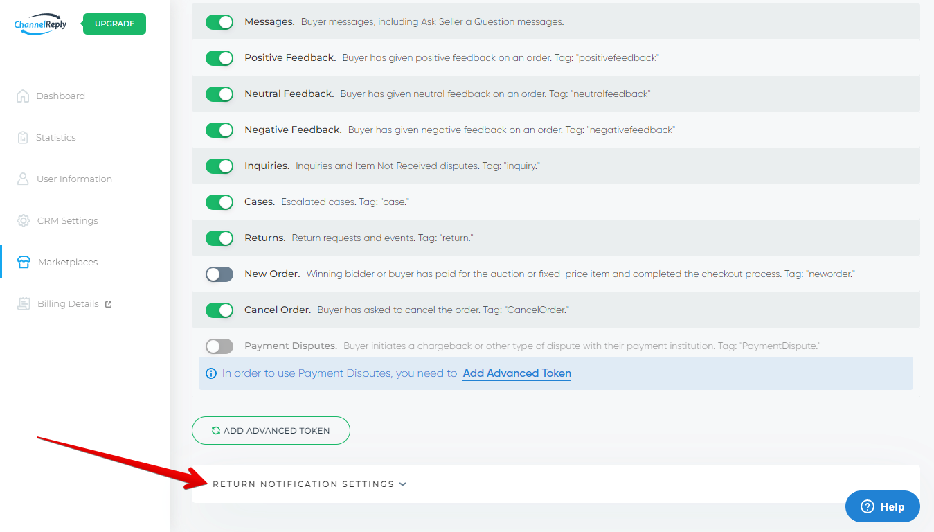 Return Notification Settings Dropdown