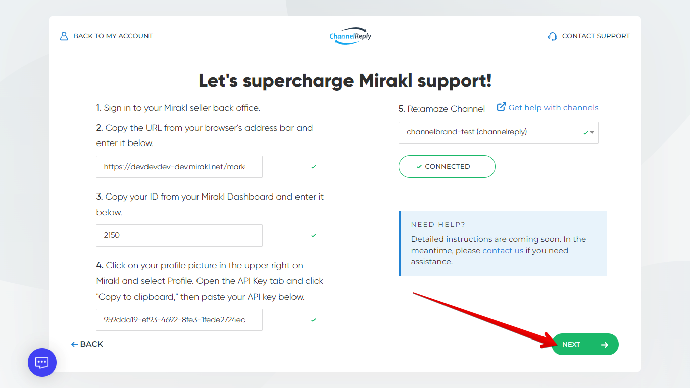 Successful Mirakl integration and Next button