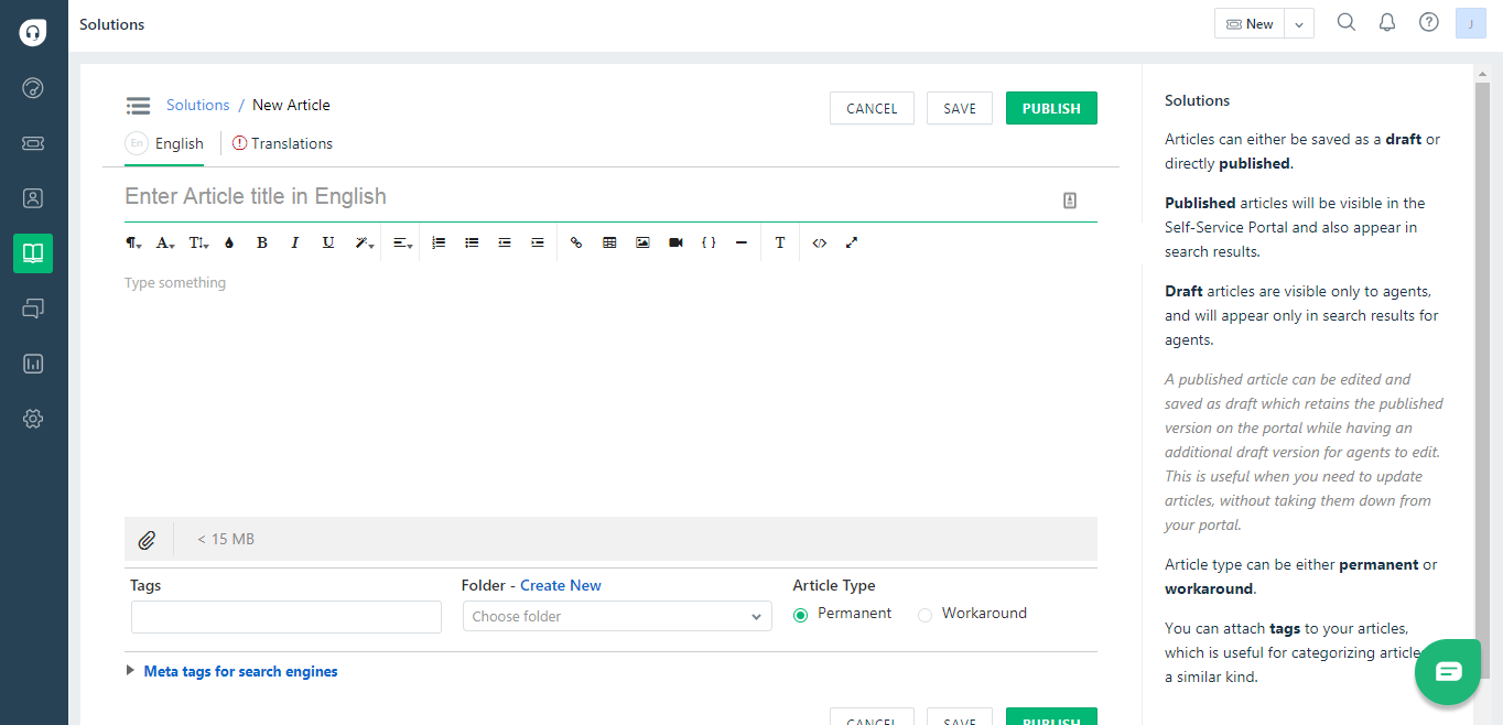 Freshdesk Knowledge Base Article Writing Interface