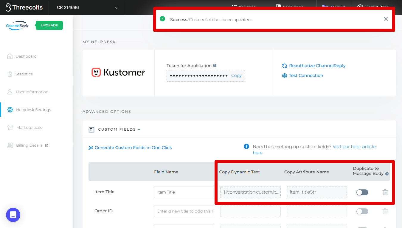 Success notification in Helpdesk Settings