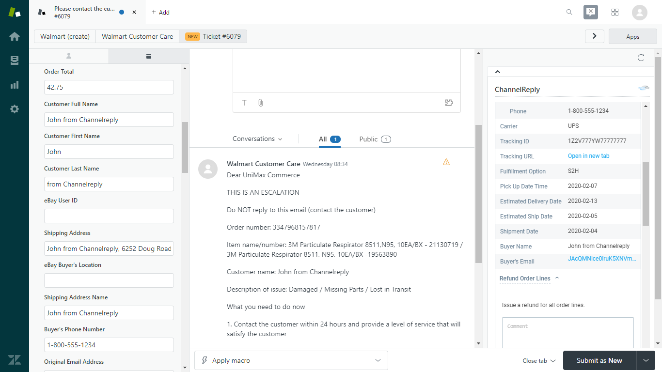 Walmart Order Details in Zendesk with ChannelReply