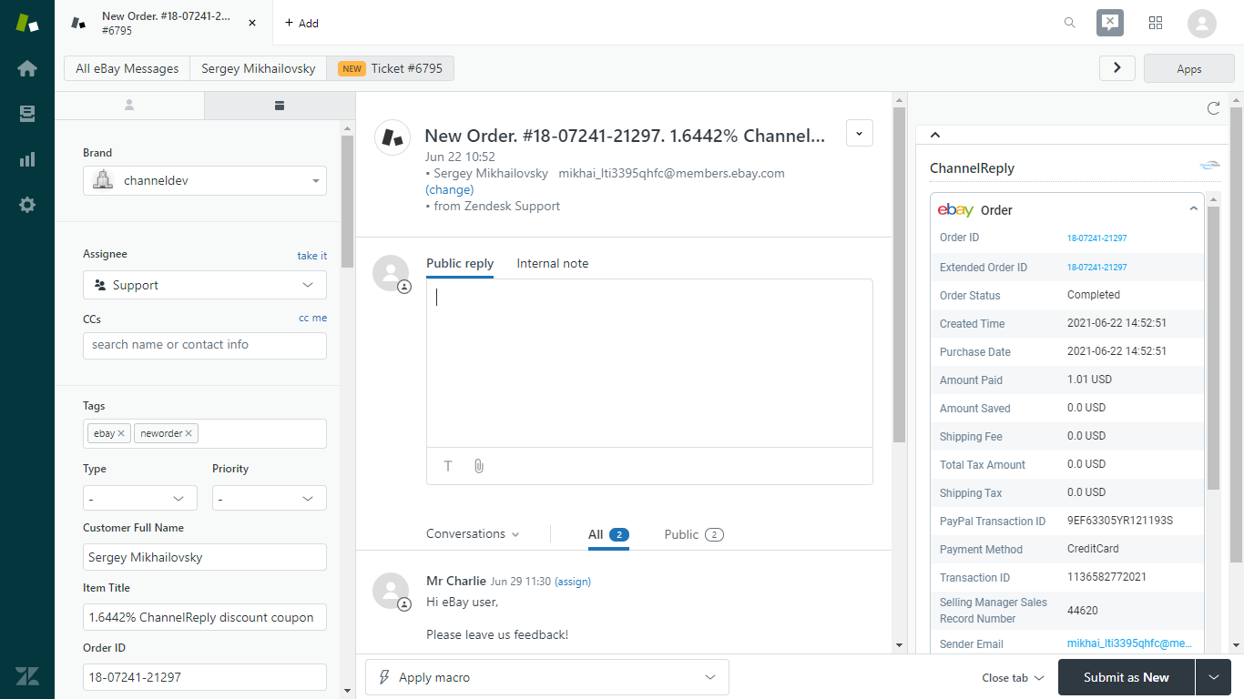 Top Third of the ChannelReply Zendesk App on an eBay Ticket