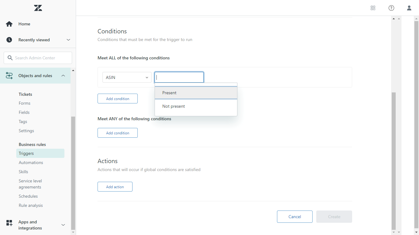 Custom Field in Zendesk Trigger with Present or Not Present Options