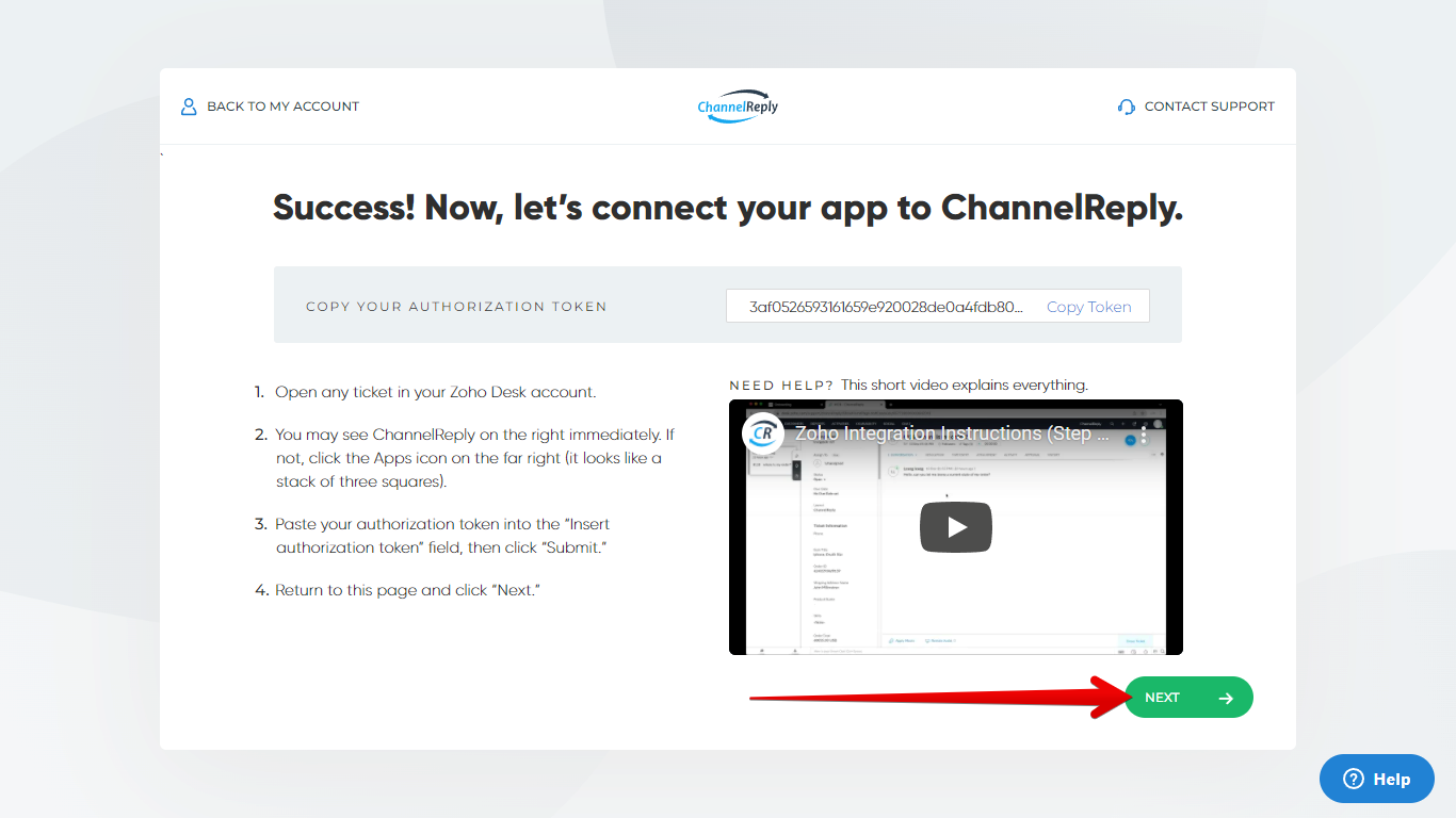 Next button on ChannelReply app connection screen for Zoho Desk