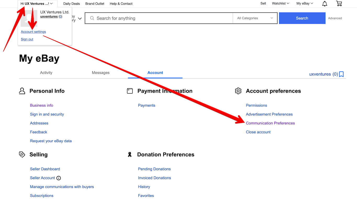 Account Settings and Communication Preferences on eBay
