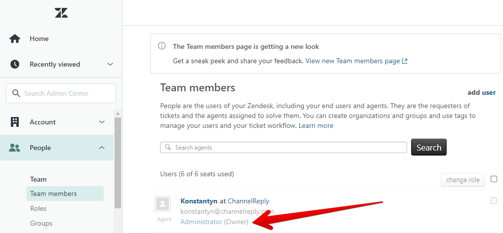 Owner/administrator profile in Zendesk