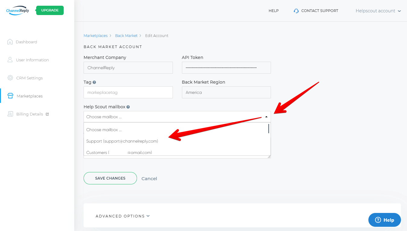 Where to choose a Help Scout mailbox for Back Market in ChannelReply