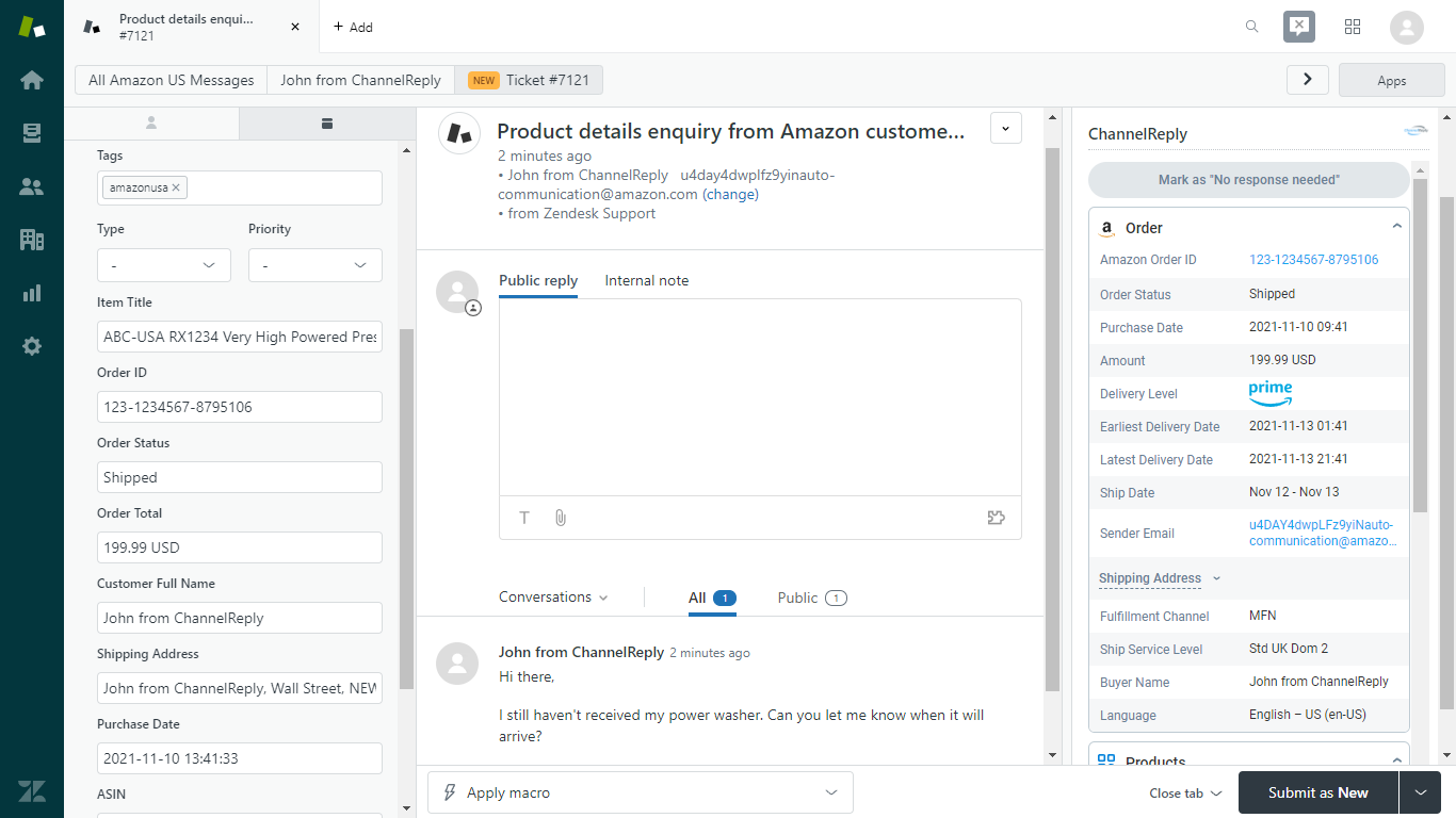 Amazon Message in Zendesk with ChannelReply