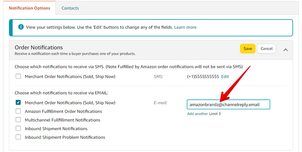 ChannelReply Email Address Entered in Order Notifications