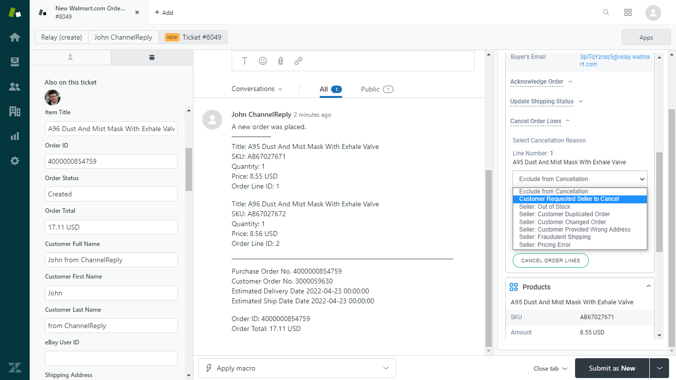 Cancelling an order on a Walmart New Order notification in Zendesk