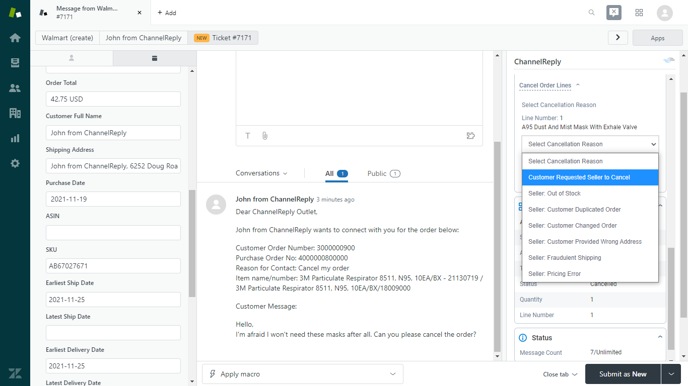 Canceling a Walmart Order from Zendesk with ChannelReply