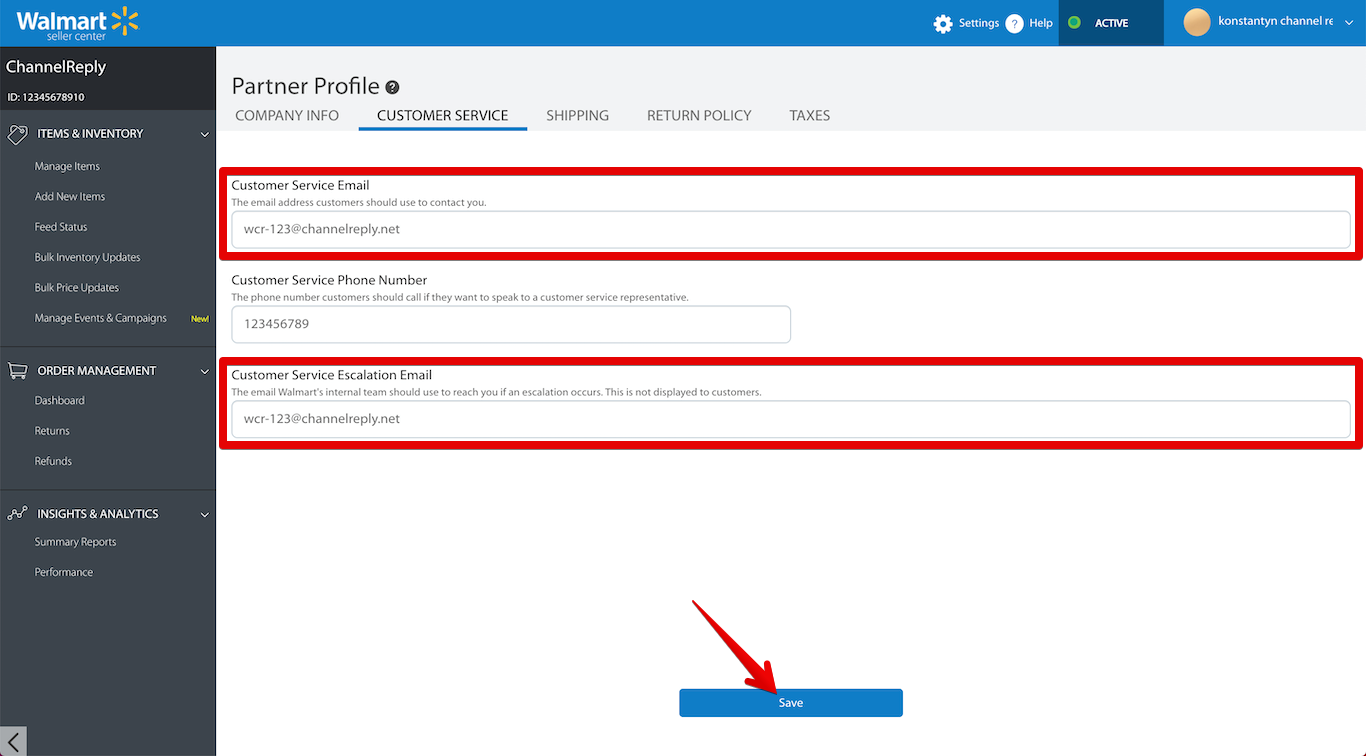 Customer Service Contact Settings and Save Button