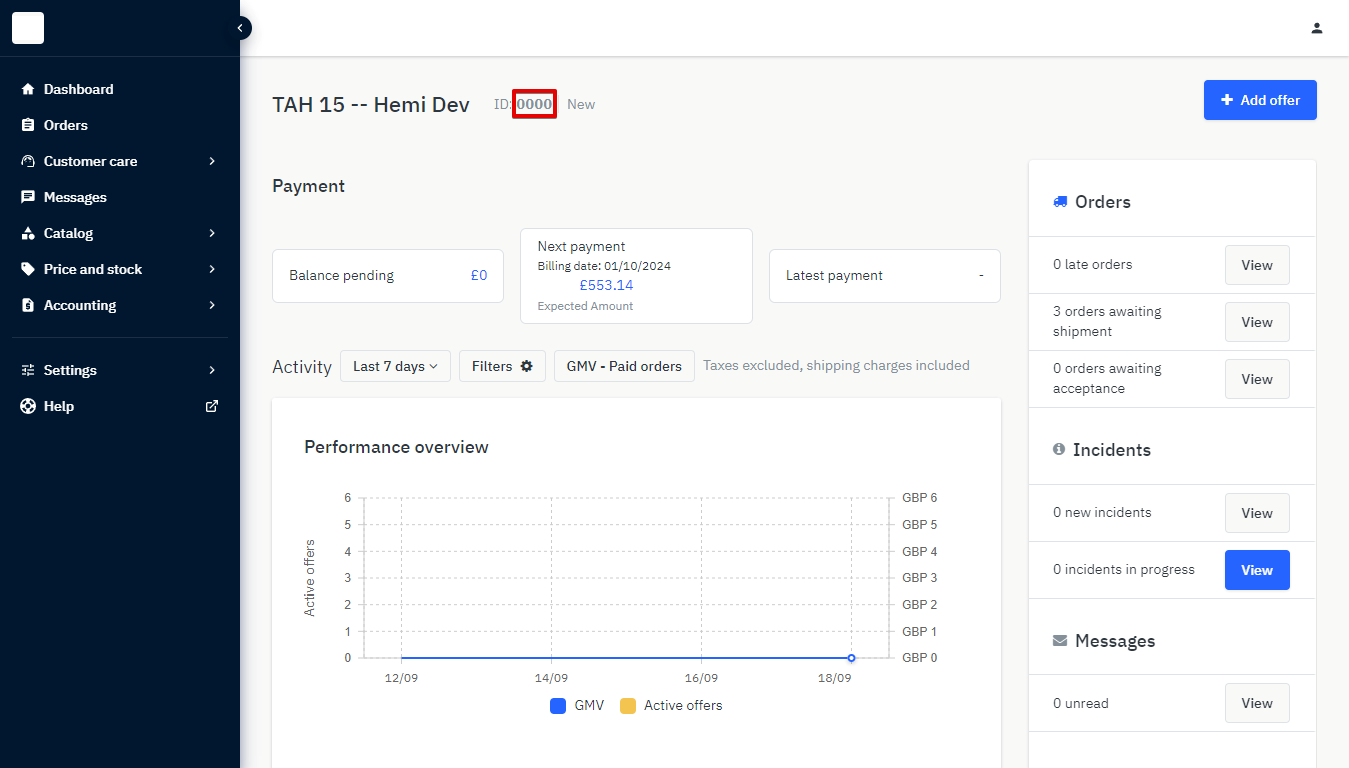 Mirakl ID on the Mirakl seller back office dashboard