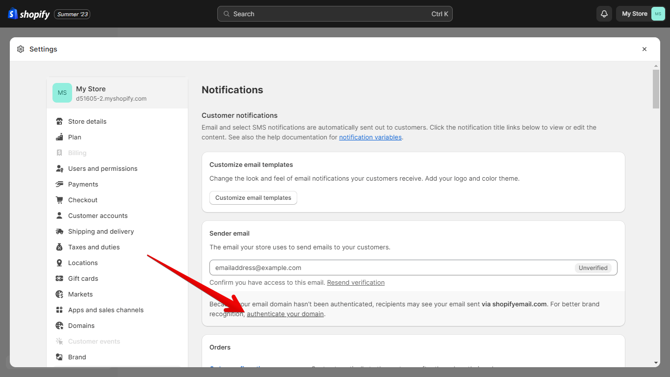 Sender Email Settings Link under a Freshly Changed Sender Email