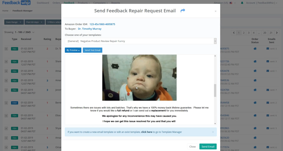 Feedback repair request in FeedbackWhiz