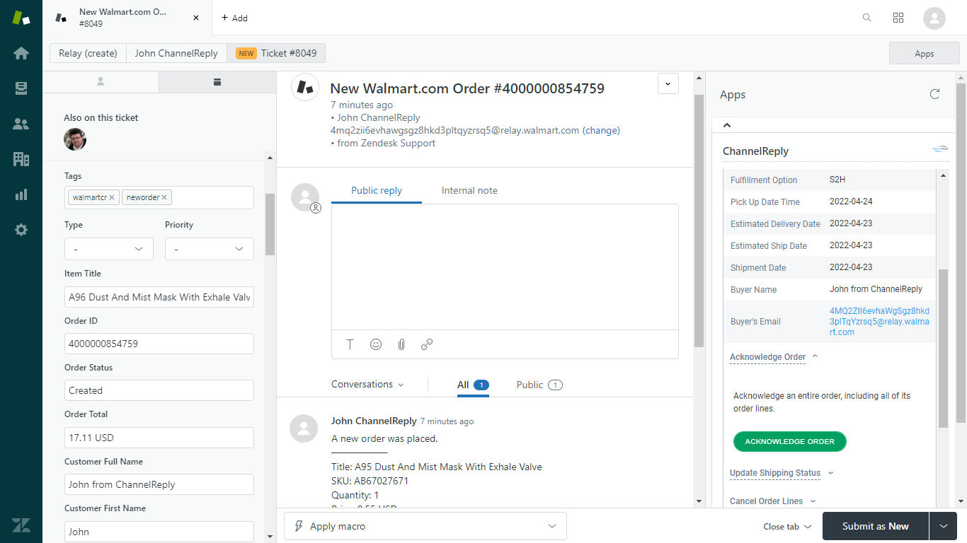 Acknowleding a Walmart Order on a ChannelReply New Order Notification in Zendesk