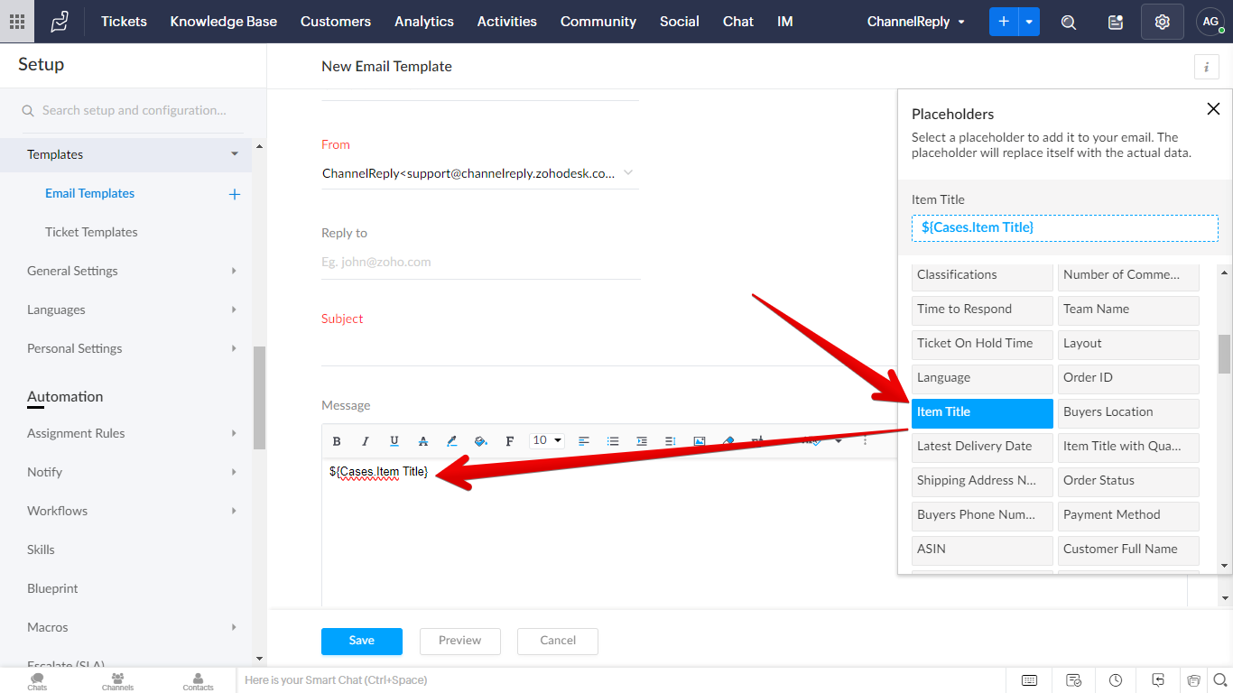 Entering a custom field placeholder into a Zoho Desk email template