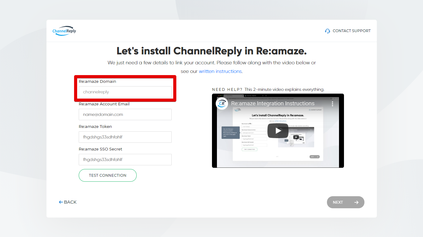 Entering Your Re:amaze Domain in ChannelReply