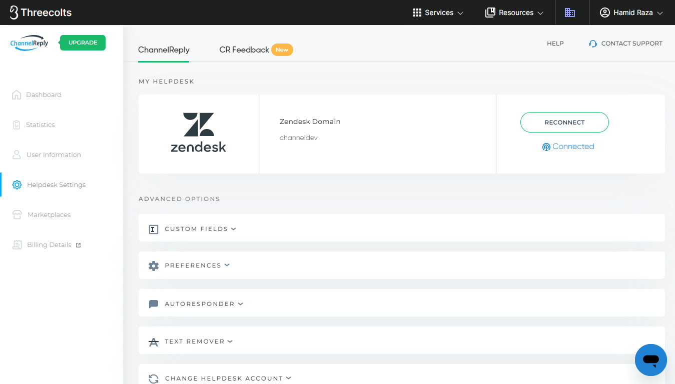 Helpdesk Settings Tab with Zendesk Connected