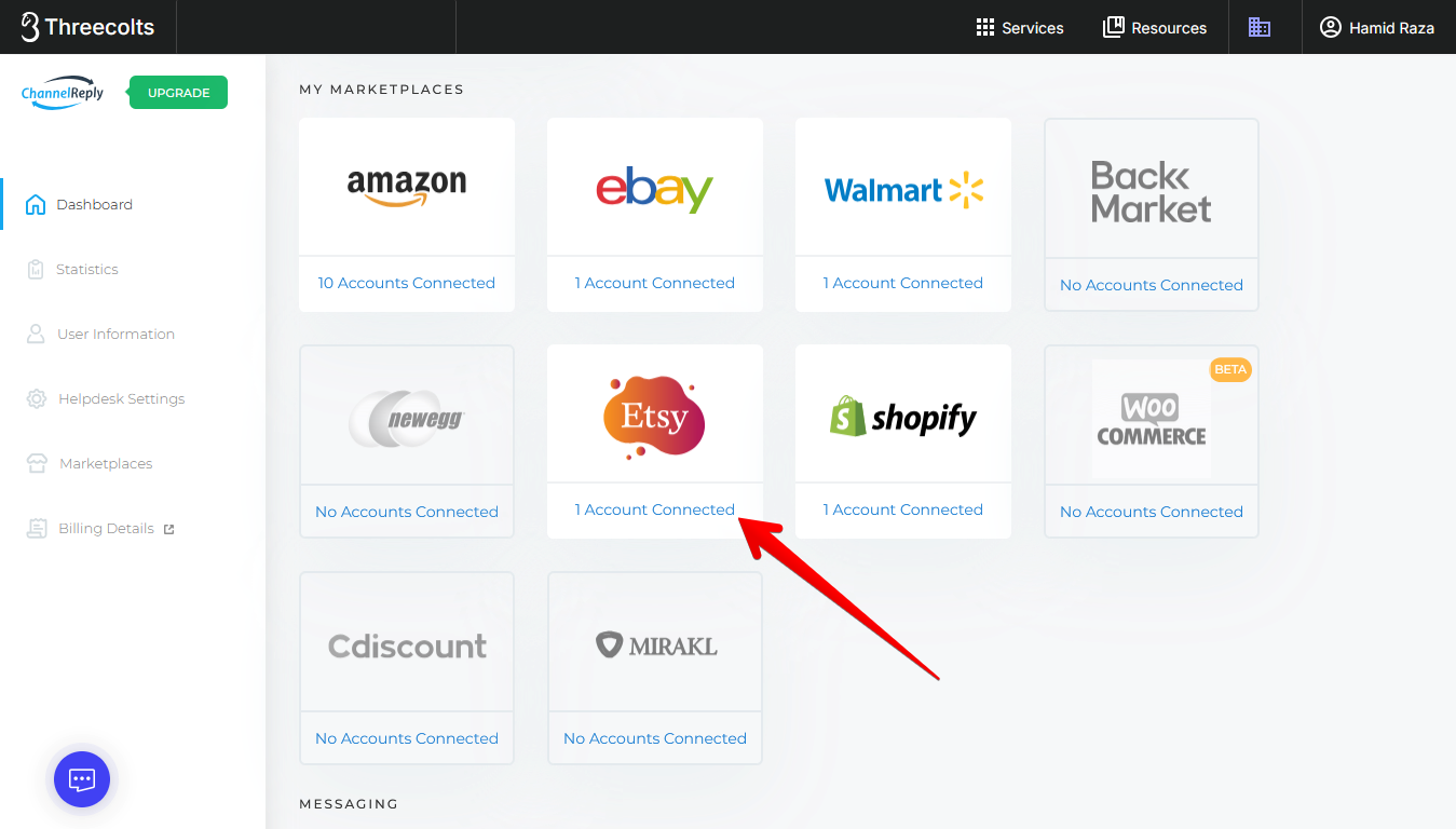 Etsy on the ChannelReply dashboard