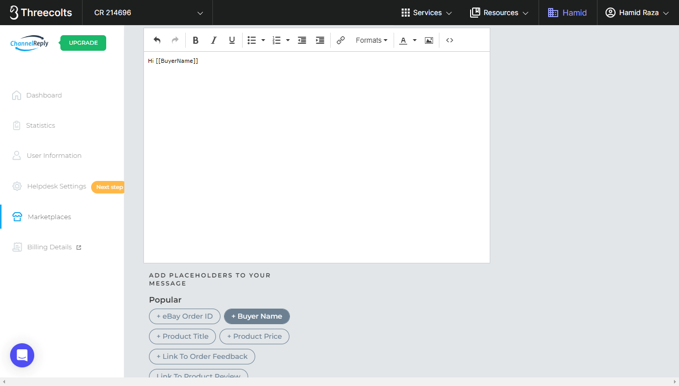 Buyer Name placeholder entered where the cursor was previously located in the feedback request message
