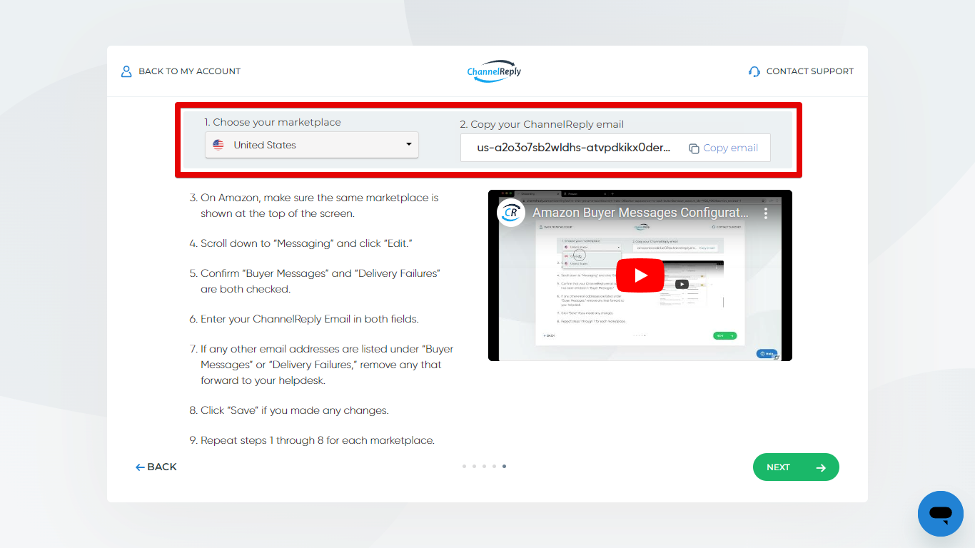 Choose Your Marketplace and Copy Email Buttons