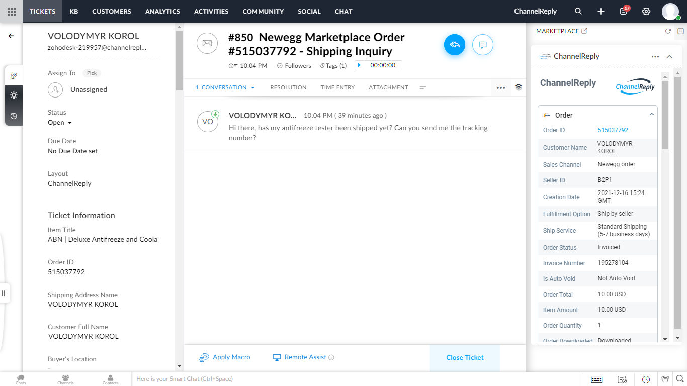 Screenshot of ChannelReply's Newegg-Zoho Integration