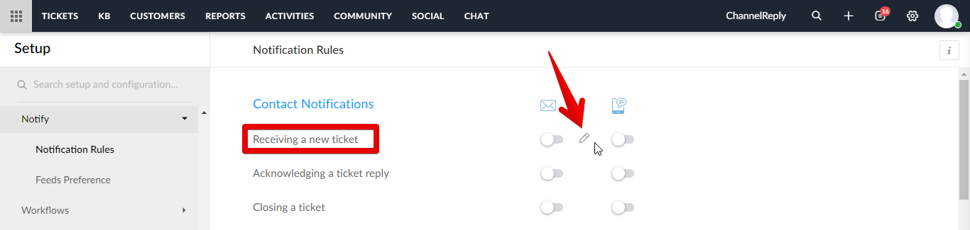 Edit button for the Receiving a New Ticket notification rule appearing when moused over