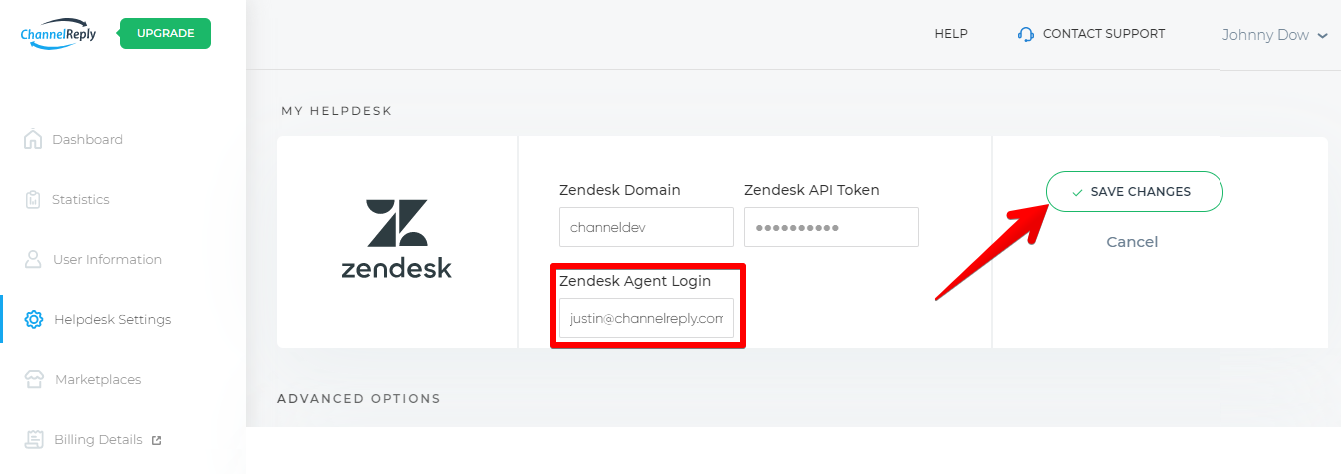 Zendesk Agent Login field filled in and Save Changes button in Helpdesk Settings 