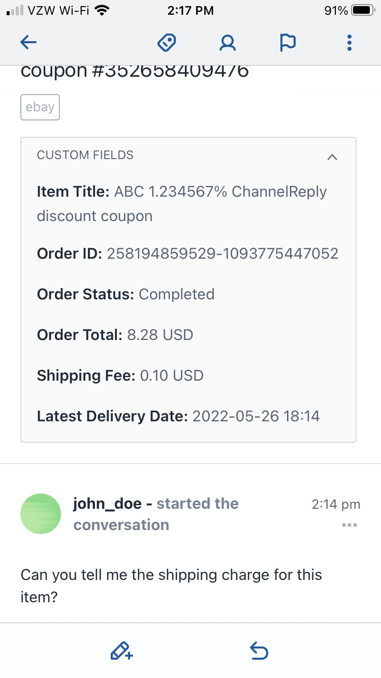 eBay Message with Order Data in Custom Fields in the Help Scout iPhone App