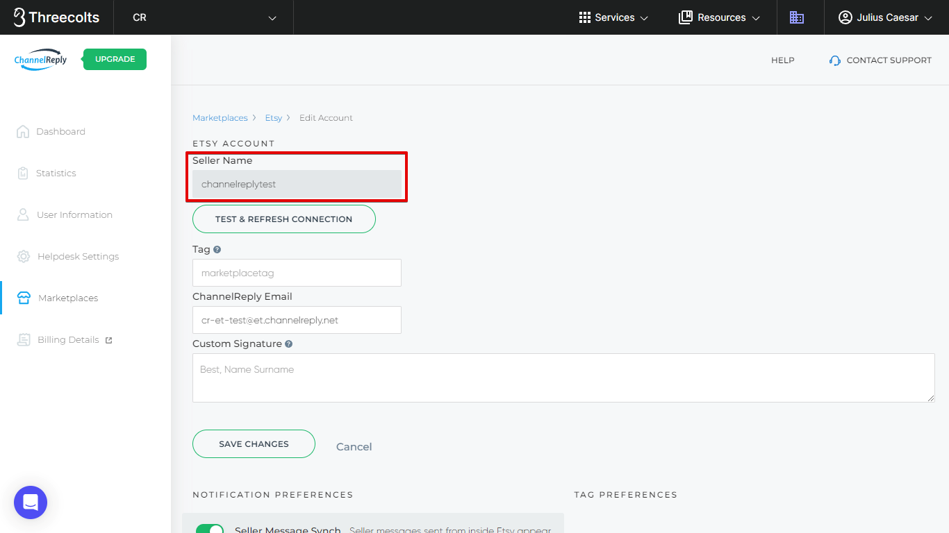 Etsy Seller Name field