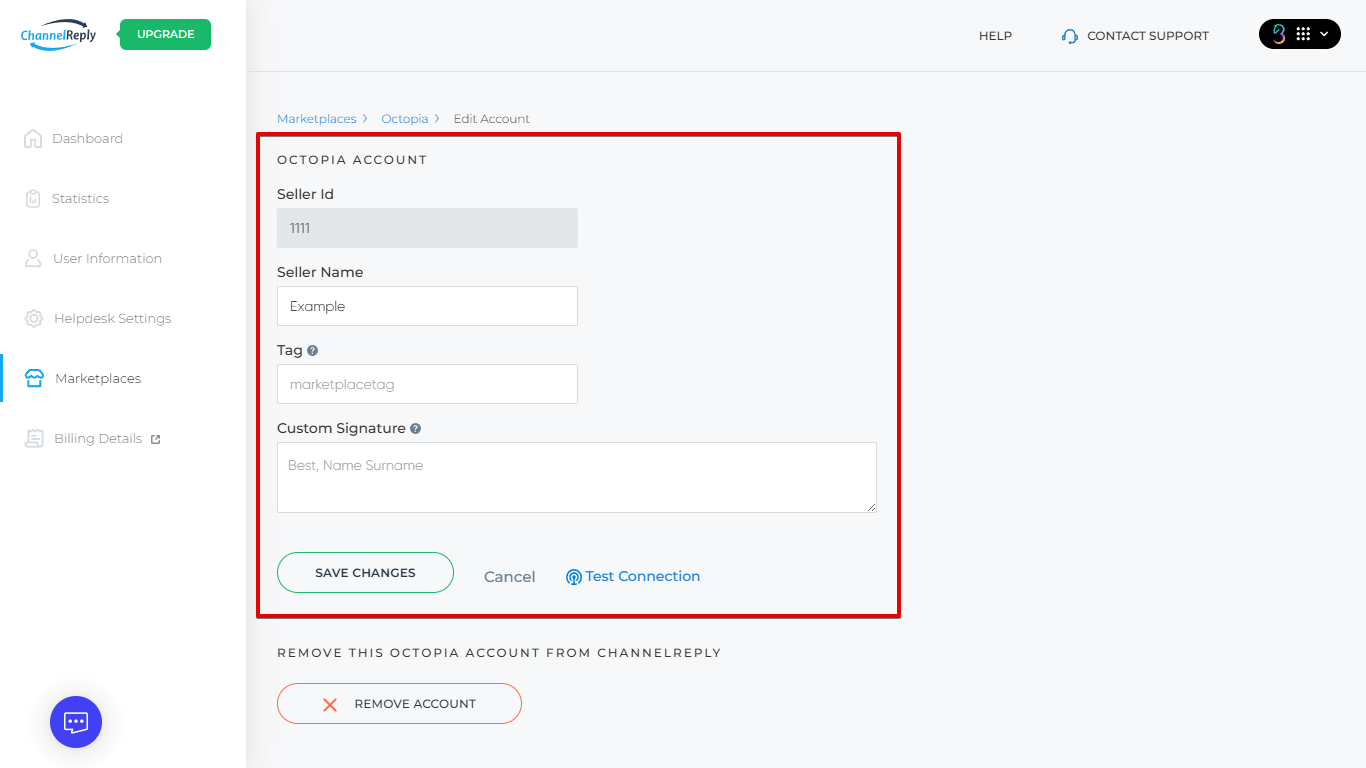 Octopia Account settings in ChannelReply