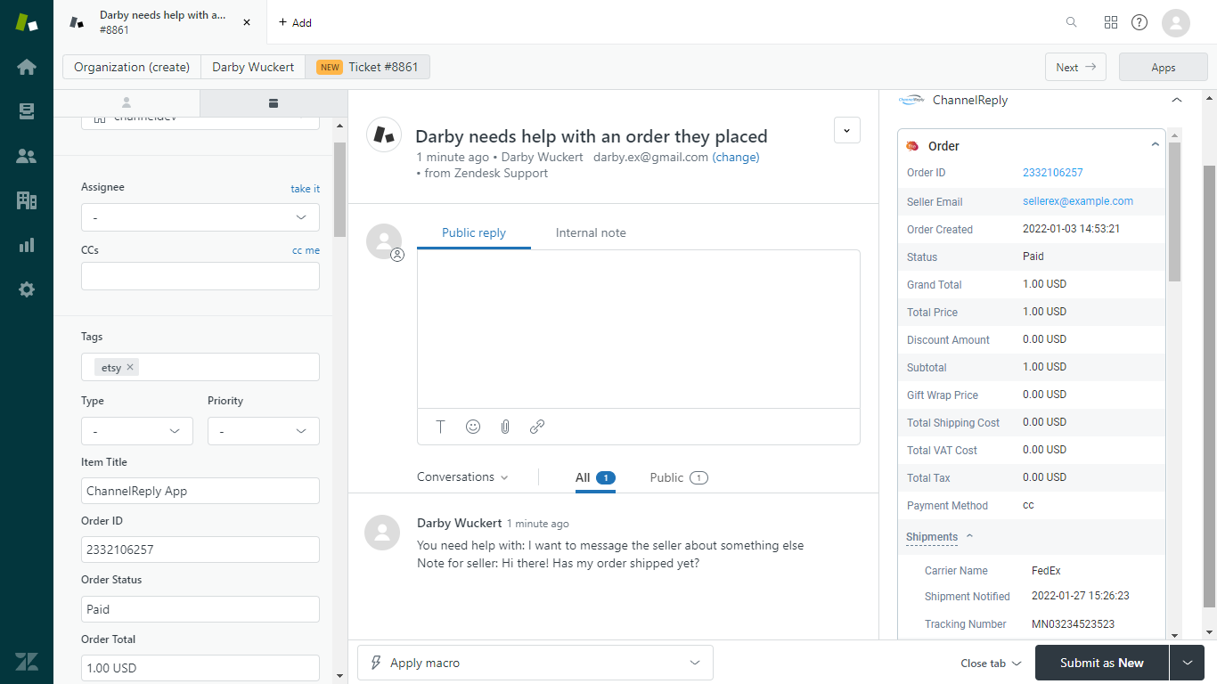 Etsy-Zendesk integration screenshot