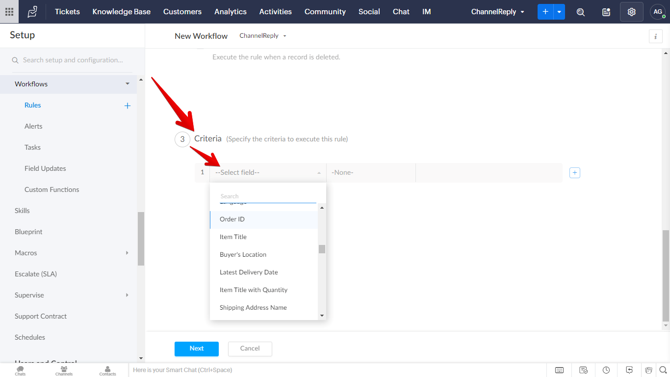 Choosing custom fields in workflow criteria