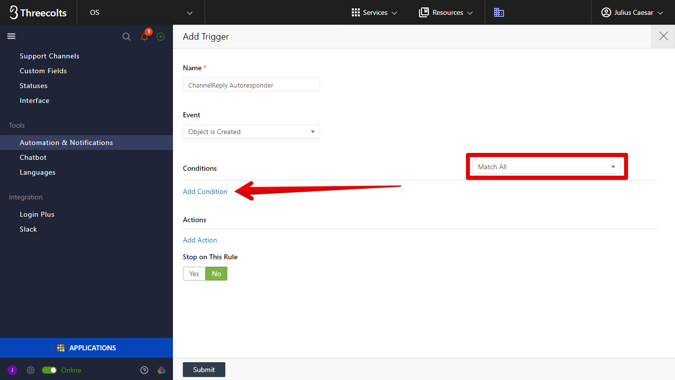 Conditions Set to Match All and Add Condition Button