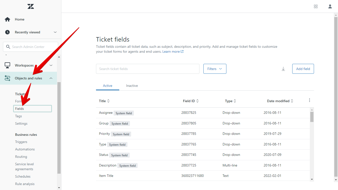 Admin menu and Ticket Fields submenu in Zendesk