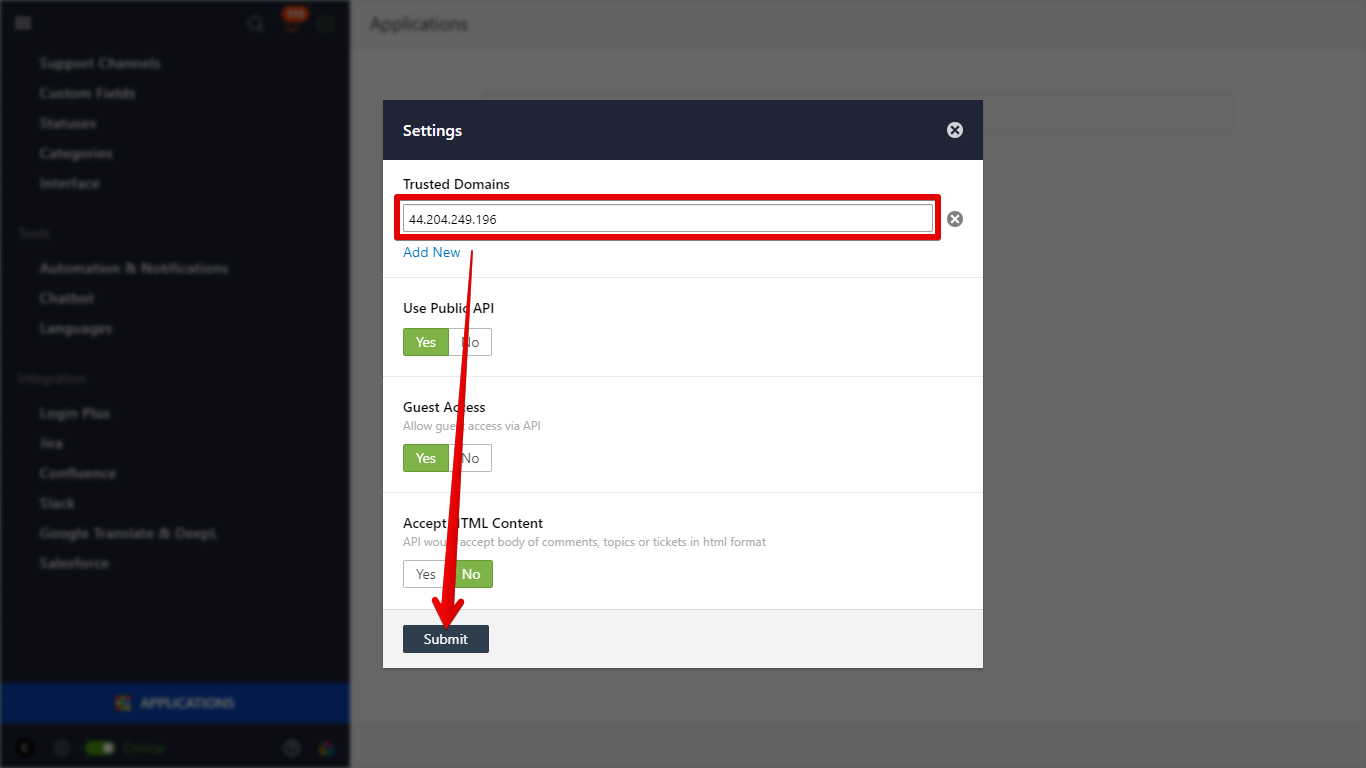 ChannelReply IP address in Onsite Restful API settings and Submit button