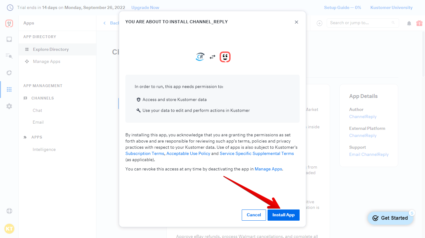 Go to Settings on the ChannelReply app in Kustomer