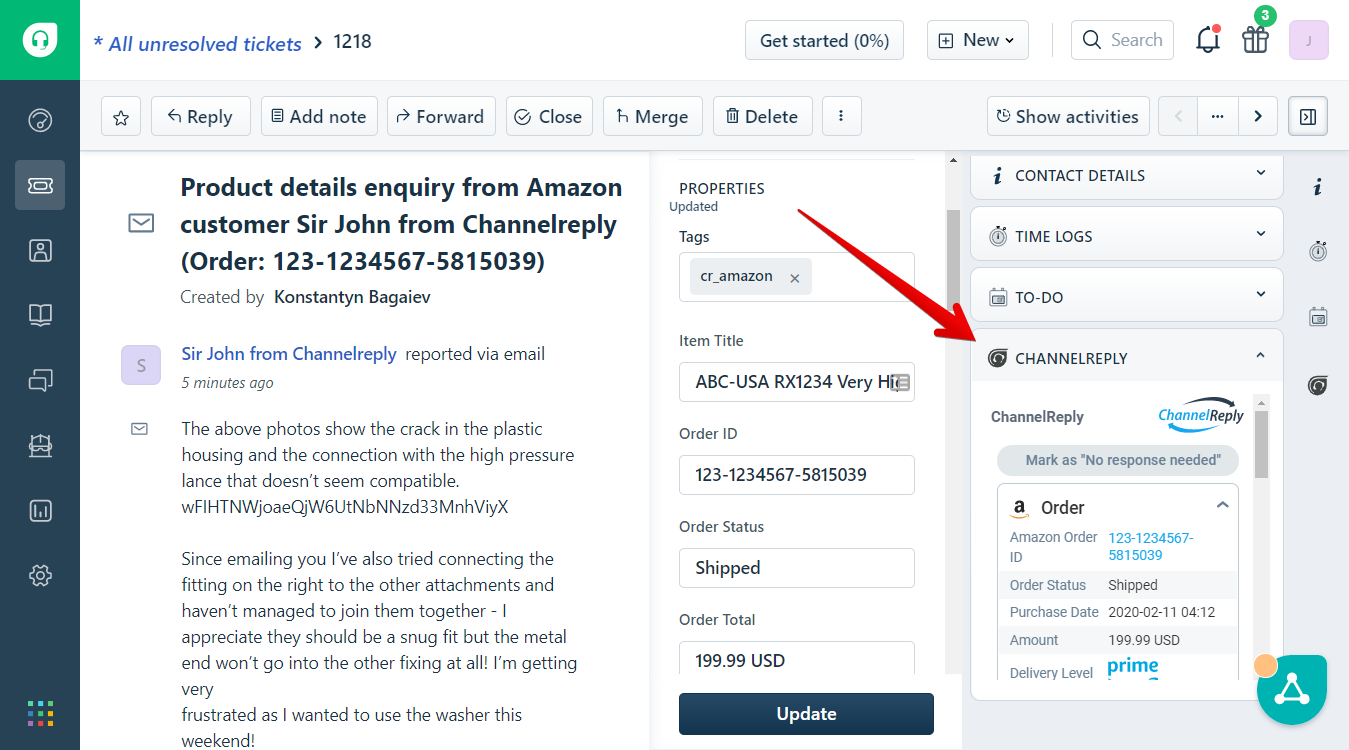 Amazon Ticket in Freshdesk with ChannelReply