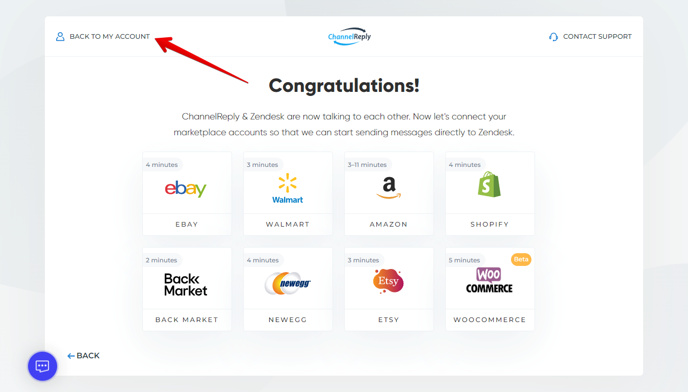 Back to My Account button on ChannelReply's helpdesk integration success screen